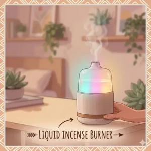 A decorative liquid incense burner glowing with LED lights on a bedside table.