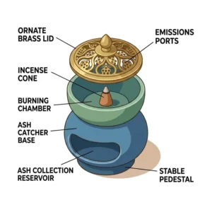 An illustrated diagram labeling the different parts of an incense burner including the base, ash catcher, and lid.