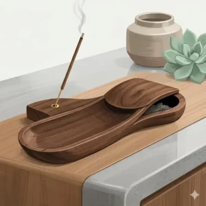 Sculptural walnut wood contemporary incense holders with organic lines and hidden ash catcher.