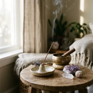 A handmade incense holder placed next to a singing bowl and crystals in a meditation space.