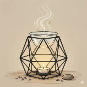 Modern black metal geometric oil incense burner illustration featuring a suspended glass bowl.