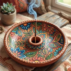 Hand-painted ceramic unique incense holders featuring bohemian patterns and vibrant floral details.