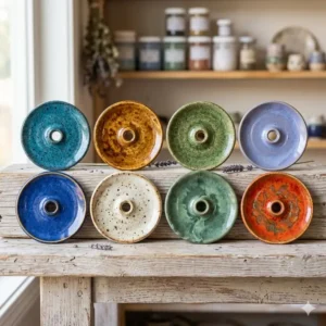 A collection of colorful glazed handmade incense holder variations on a wooden shelf.