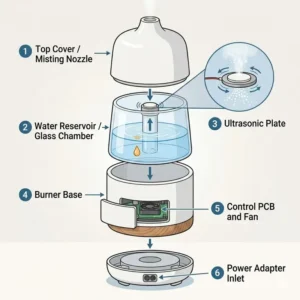 An exploded view showing the internal components and ultrasonic plate of a liquid incense burner.