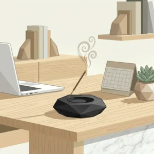 Small matte black incense burner modern style placed on a minimalist wooden office desk next to a laptop.