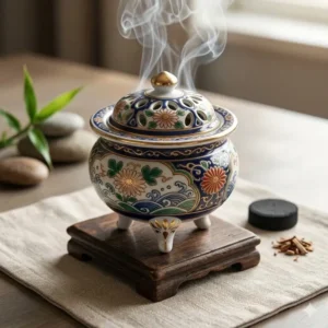 A traditional Japanese Koro incense burner made of ornate porcelain used for Zen meditation.