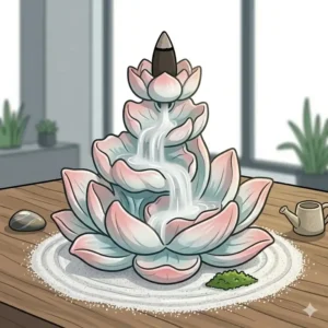 Illustration of a unique incense burner shaped like a lotus flower resting on a bed of sand.