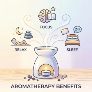 Illustration of an oil incense burner surrounded by icons representing relaxation and sleep quality.