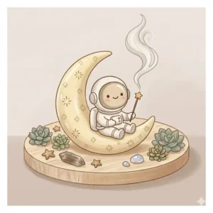 An astronaut sitting on a crescent moon as part of a cute incense burners space collection.