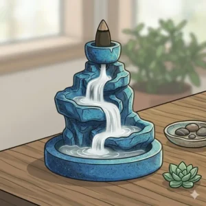 An artisan-made unique incense burner with a speckled blue glaze and rustic aesthetic.