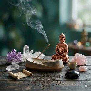A spiritual altar setup featuring a burning incense burner next to a Buddha statue and healing crystals.
