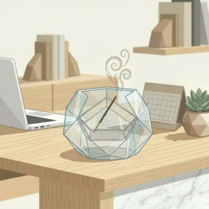 Unique transparent glass incense burner modern design with a suspended stick holder prism form.