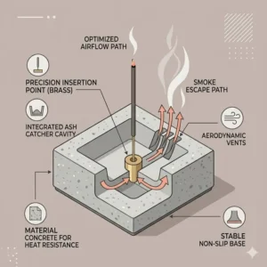 Technical diagram showing airflow and dimensions of contemporary incense holders.
