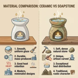 Material comparison illustration showing ceramic and soapstone versions of an oil incense burner.