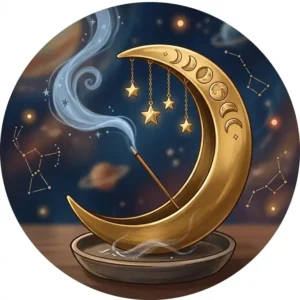 Celestial-themed unique incense holders in the shape of a gold crescent moon with hanging star accents.