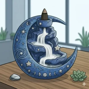 A whimsical unique incense burner featuring a crescent moon and star motifs.