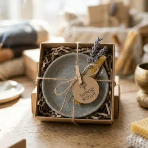 A handmade incense holder wrapped in eco-friendly kraft paper and twine for sustainable gifting.