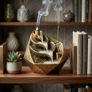 A geometric-shaped incense holder unique positioned as a contemporary shelf decor piece.