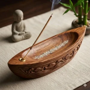A hand-carved wooden boat-style incense burner catching falling ash on a flat surface.