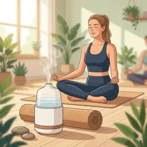 A sleek liquid incense burner emitting vapor during a relaxing yoga and meditation session.