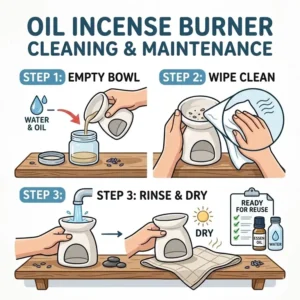 Step-by-step illustration showing how to clean residue from an oil incense burner bowl.