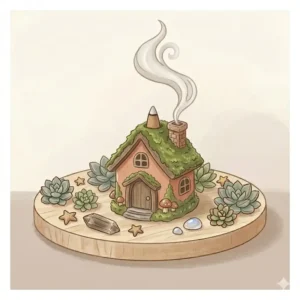 A tiny cottagecore fairy house designed as cute incense burners with smoke from the chimney.