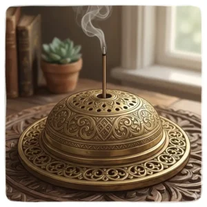 Ornate vintage-style unique incense holders made of polished brass with intricate filigree carvings.