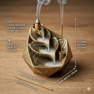 An illustrative guide displaying the dimensions and scale of this incense holder unique.