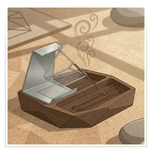 Close-up of an incense burner modern minimalist piece used during a meditation session in a sunlit yoga studio.