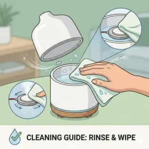 Illustration showing the proper way to clean the reservoir of a liquid incense burner to prevent buildup.