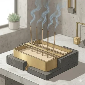 Large multi-stick contemporary incense holders station made of brass and concrete.