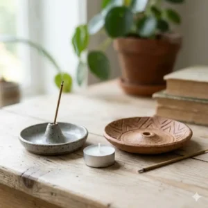 Comparison of small and large handmade incense holder sizes shown next to a standard tea light candle.