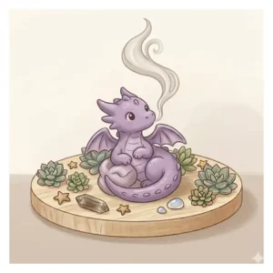 An adorable purple baby dragon fantasy themed cute incense burners with gentle smoke effects.