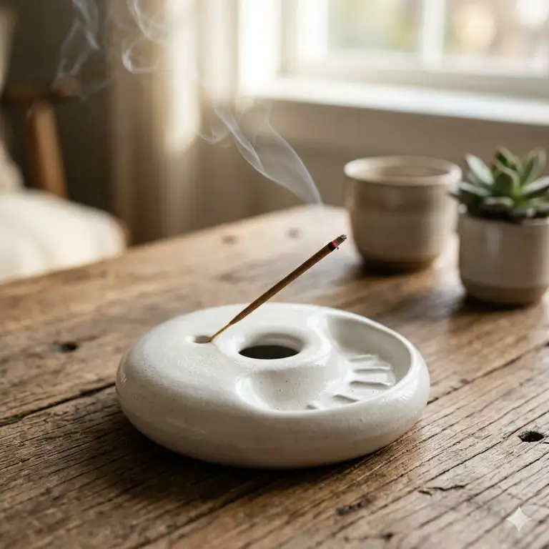 A minimalist white ceramic incense burner holder placed on a wooden coffee table with a glowing incense stick.