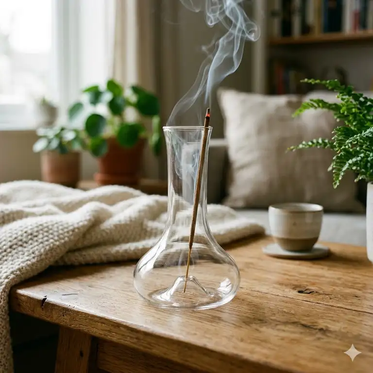 Featured Image: A minimalist hand-blown glass incense burner holding a lit incense stick on a wooden coffee table.