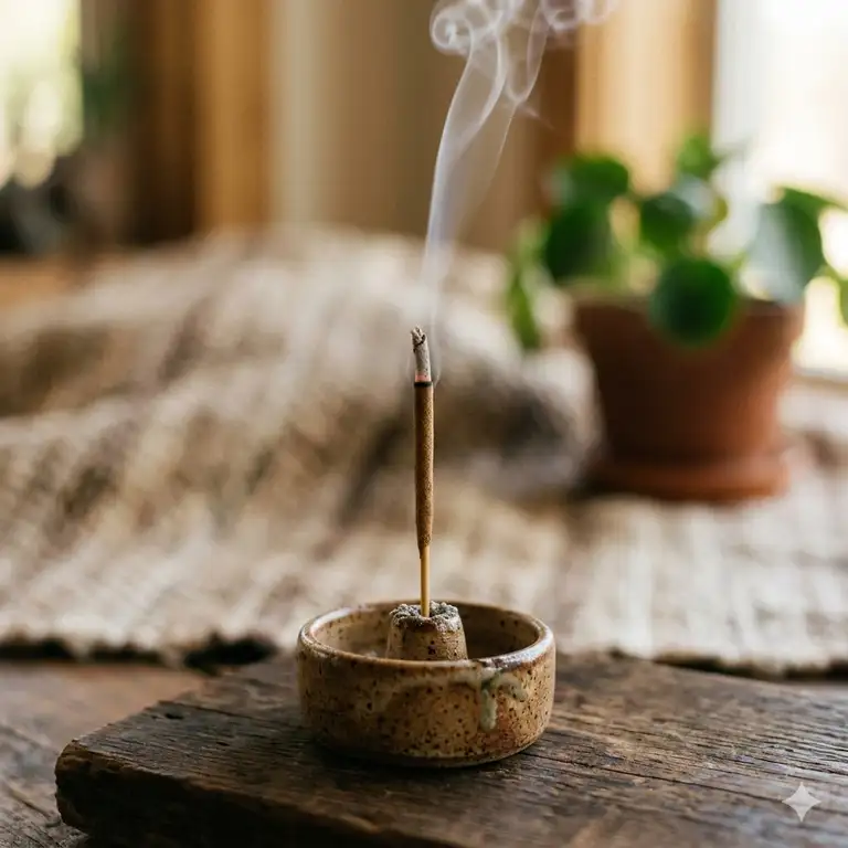 A high-quality photo of a lit incense stick showing how long do incense sticks burn in a home setting.