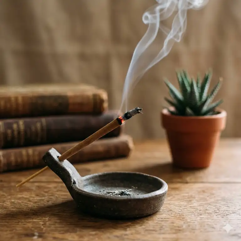 A beautiful atmospheric photo showing how long does an incense stick burn in a ceramic holder.
