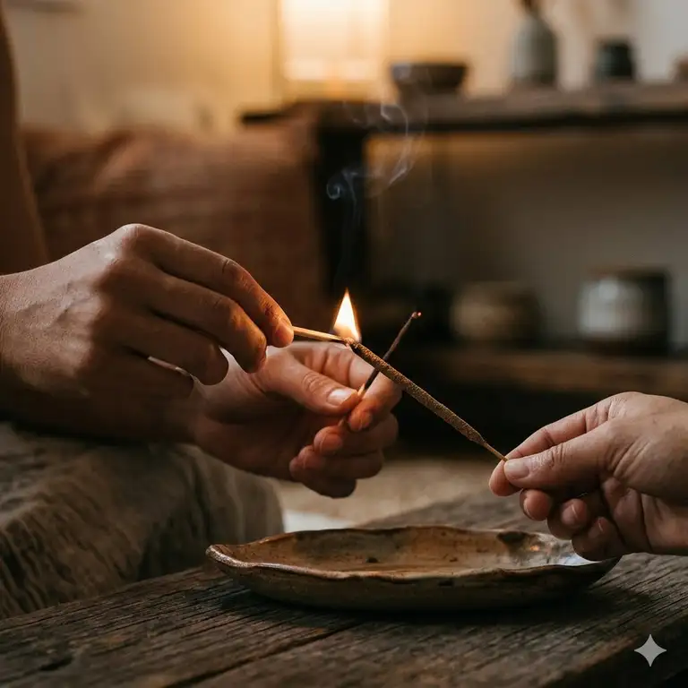 A close-up of a person lighting incense stick with a wooden match, creating a soft and calm glow.