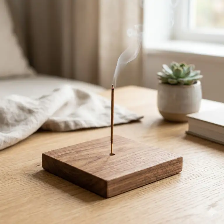 A minimalist handmade wooden incense holder on a coffee table with gentle smoke.