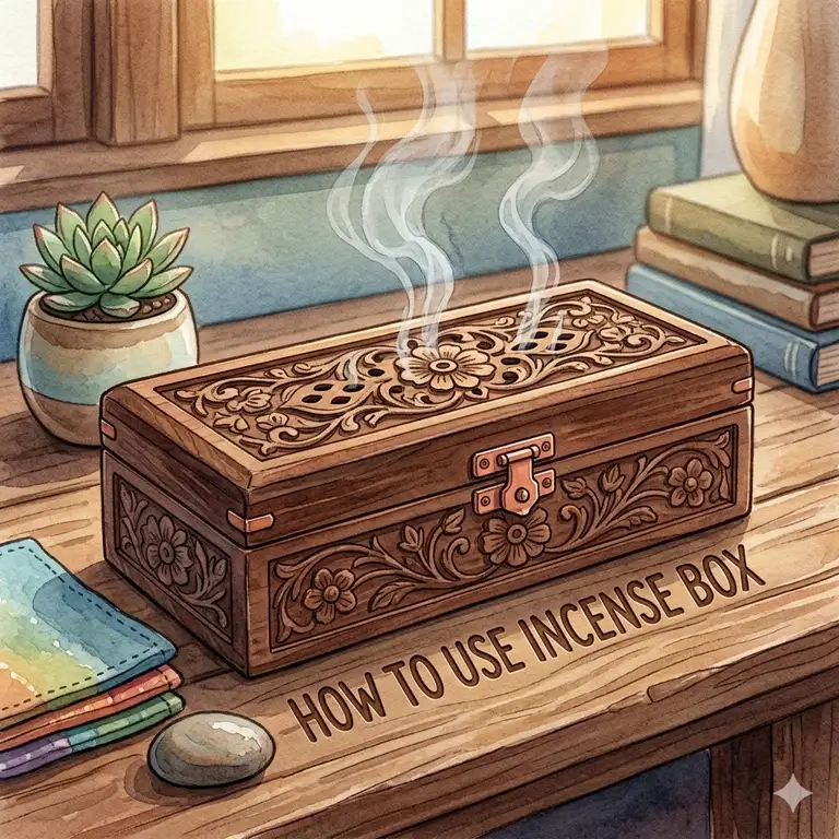 A beautiful wooden burner showing a visual guide on how to use incense box with smoke rising through the lid.