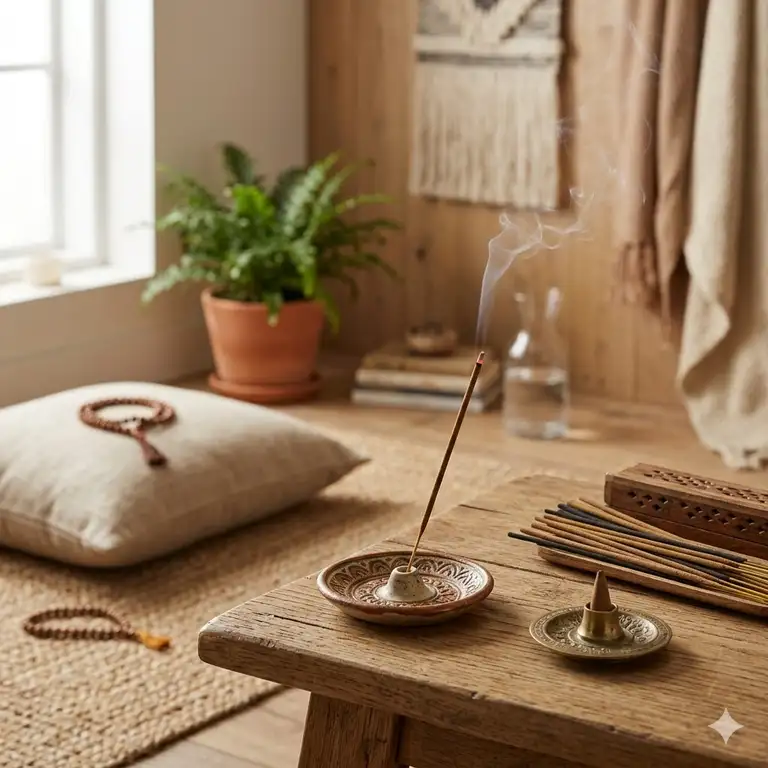 A serene meditation room featuring burning sandalwood incense and incense holders on a wooden table.