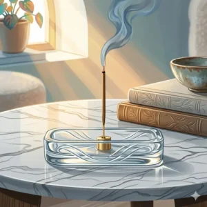 Handblown colored glass incense holder with a sleek wave design in a sunlit room.