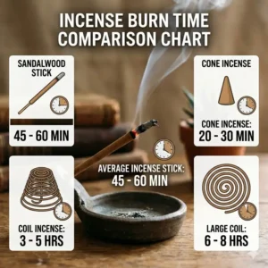 A detailed comparison chart explaining how long does an incense stick burn compared to cones and coils.