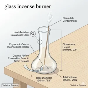Illustration 1: A technical diagram showing the height and width measurements of a heat-resistant glass incense burner.