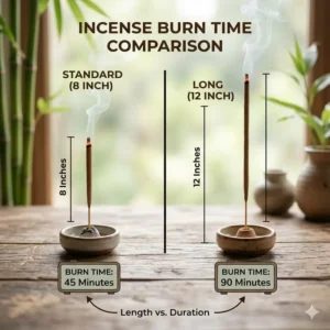 A comparison chart of different lengths to explain how long do incense sticks burn based on size.