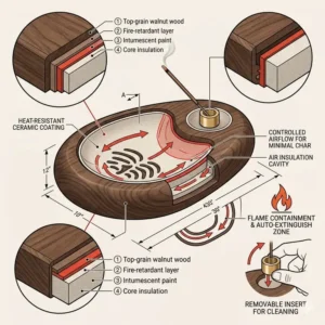 A diagram showing the heat-resistant interior lining of a safety-focused wood incense burner.