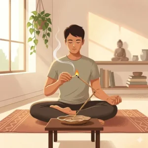 A person in a serene meditation room lighting incense to create a peaceful atmosphere for yoga.