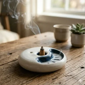 Smoke cascading down a dark blue ceramic incense burner holder like a waterfall.