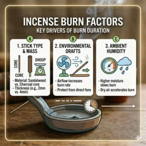 An infographic illustrating environmental factors that influence how long does an incense stick burn.