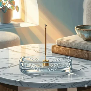 Close-up of a wide glass incense holder catching falling ash from a burning incense stick.